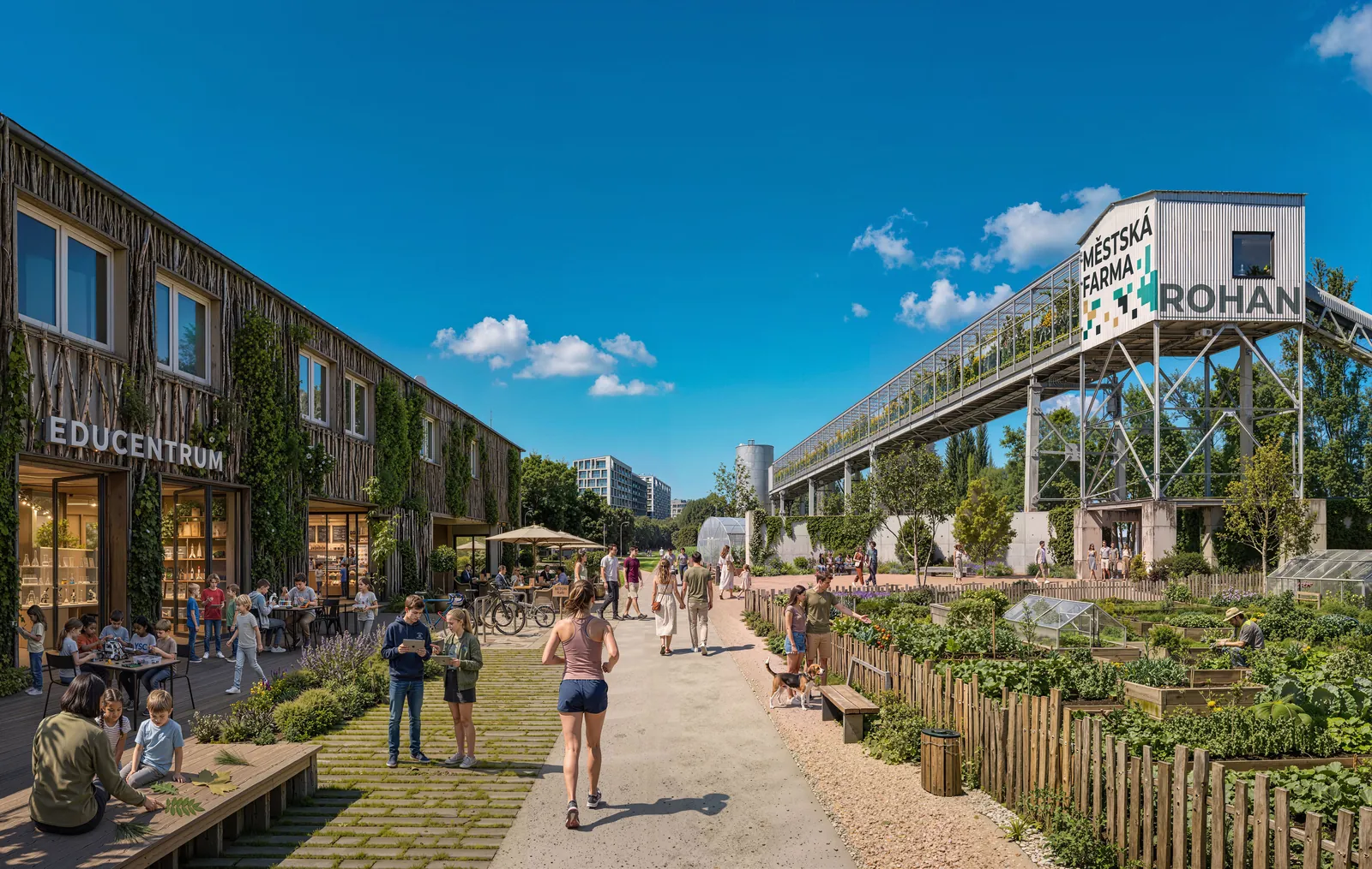 Vizualizace centra městského zemědělství a vzdělávání, komunitní záhony a visutý skleník s nápisem Městská farma Rohan