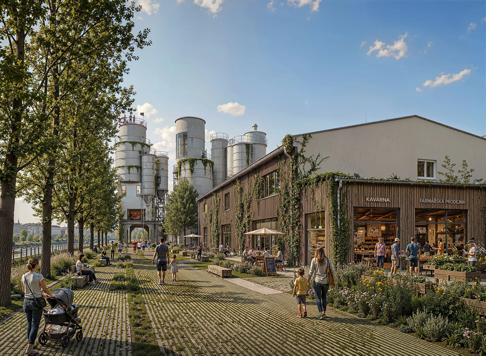Vizualizace farmářské prodejny a kavárny v bývalých dílnách, v pozadí Silopark a hladina Vltavy